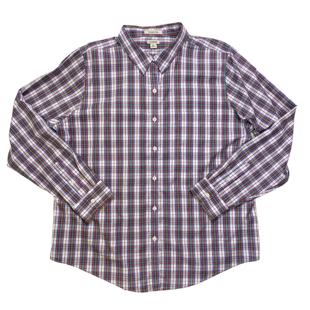 LL Bean Plaid Wrinkle Free Button Down Shirt XL Red, Blue, Green Cotton